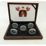 5 x £5 proof silver Coins: Cased set of silver coins - Guernsey 2013 £5 crown size coins, each 28.