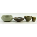 Mid Century Bullers Art Pottery Bowls: Marked Agnete Hoy, decorated in mottled green and brown,