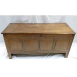 Early Oak Blanket Box: Early 19th century four panelled oak blanket chest, w139 x d53 x h69cm.