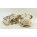 19th century Staffordshire cheese dishes: The first one modelled as a cows head and the other