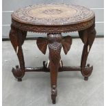 Mid 20th Century Carved wood Indian/Asian Side table: Top carved with Camels & Elephants.