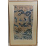 Late 18th Century Chinese framed Embroidered Portion of Fabric: With images of 5 claw dragons,
