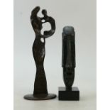 Bronze Sculptures: Bronze sculpture of a woman holding child and a Aztec bust, tallest height 23cm.