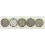 5 Silver crowns: Silver crowns dated 1890, 1893, 2 x 1896 and 1898.
