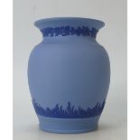 A modern Wedgwood studio style dark on pale blue Jasperware hand thrown vase: Decorated with
