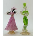 Murano glass figures: Murano glass figures of male and female dancers, tallest height 30cm.