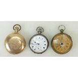 3 gents Pocket Watches: Silver keyless watch in ticking order,