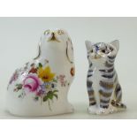 Royal Crown Derby paperweights: Posie Spaniel 1997 and seated grey kitten 1995,