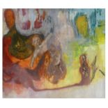 Modern Art abstract painting of human figures in bright colours on canvass, unsigned,122 x 109cm,