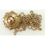 Victorian 9ct gold Chains and Victorian yellow metal mourning brooch: Gross weight 14.7 grams.