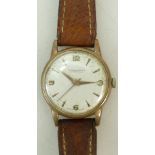 Winegartens 9ct gents Wristwatch: 9ct gold Winegartens of London wristwatch with leather strap,