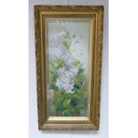G Handley Oil painting of Orchids: G Handley painting dated 1899 in gilt frame, 19 x 44cm.