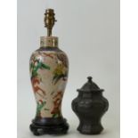 Chinese items: Chinese stoneware Lamp Base and Chinese bronze hexagon shaped jar & cover,