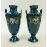 Pair of Minton Pate sur Pate vases: Pair of Minton two handled vases decorated with bowls of fruit