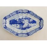 18th Century English Delft ware shaped dish: Decorated with Chinese pagoda scene, length 27.5cm.