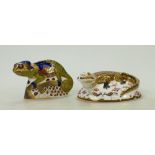 Royal Crown Derby Paperweights: Crocodile and Chameleon.