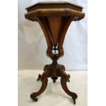 Victorian Burr Walnut Trumpet Sewing Table: Victorian walnut sewing table on tripod supports,