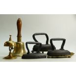 A vintage Iron with brass warming stand etc: Iron and brass warming stand together with two other