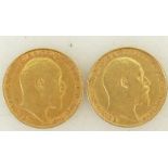 Two HALF Sovereign gold Coins: Edward VII 1906 & 1908 half Sovereign gold coins.