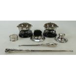 A collection of silver items: Silver pair of salts on wood bases, 202 grams,