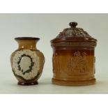 Doulton Lambeth Stoneware items: A Doulton Stoneware jar & cover decorated with embossed hunting