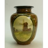 Doulton Lambeth Vase: Vase by Royal Doulton with a hand painted panel of farmer and windmill by