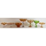 Carnival Glass Footed Bowls in both Green and Orange: 6 items with the tallest being 26cm (6)