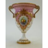 Royal Worcester hand painted Vase: Royal Worcester partial pink ground vase with hand painted fruit