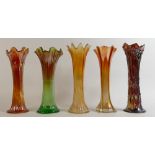 Carnival Orange & Green Glass Tall Fluted Vases: Height of tallest 27cm (5)