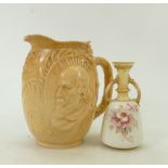 Doulton Burslem Tennyson Jug and blush Vase: 19th Century Doulton Burslem embossed portrait jug,