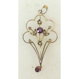 9ct gold Pendant set Amethyst & Seed Pearl: 9ct gold pendant set amethyst & seed pearl, stamped 9ct.