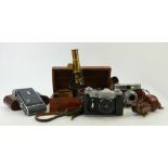 Brass Microscope & 3 cameras: Brass microscope in damaged mahogany box, & 3 cameras Balda fixfocus,