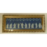 Wedgwood dark blue Jasperware Panel: Wedgwood dark blue Jasperware framed panel, 14cm x 44cm long,