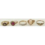 Five gem set 9ct gold ladies rings: One shank split, one worn, 10.6g.