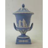 Wedgwood Jasperware Urn & Cover: Wedgwood blue Jasperware two handled urn and cover, height 30cm,