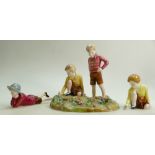 Crown Staffordshire figure model of Young Boy and Kneeling Girl and two other figures: Young Boy