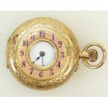 18ct ladies ornate Fob Watch: 19th century 18ct ornate half hunter fob watch with enamelled front