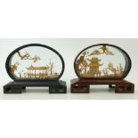 Early 20th Century Chinese Carved Cork Dioramas: Scenes under glass Pagoda and Storks,