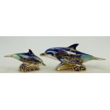 Royal Crown Derby Paperweights: Lyme Bay 2003 Mother Dolphin together with Lyme Bay 2003 Baby