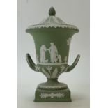 Wedgwood green Jasperware Urn & Cover: Wedgwood green Jasperware two handled urn and cover dated