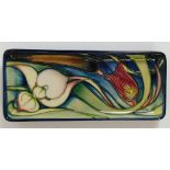 Moorcroft Orchid Arabesque rectangular tray: Trial piece dated 16/10/02 and stamped master.
