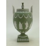 Wedgwood Sage Green Jasperware two handled Urn and cover: Height of urn 32cm.