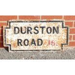 1920s cast iron Street Sign: Vintage cast iron street sign "Durston Road 16", 24 x 37cm.