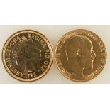 Two gold HALF Sovereign Coins 1908 & 2003: