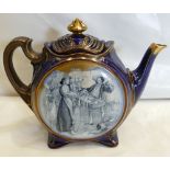 Doulton Burslem blue transfer Tea Pot: Doulton Burslem blue transfer tea pot of unusual shape,