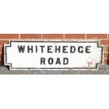 1920s cast iron Street Sign: Vintage cast iron street sign "Whitehedge Road", 33 x 114cm.