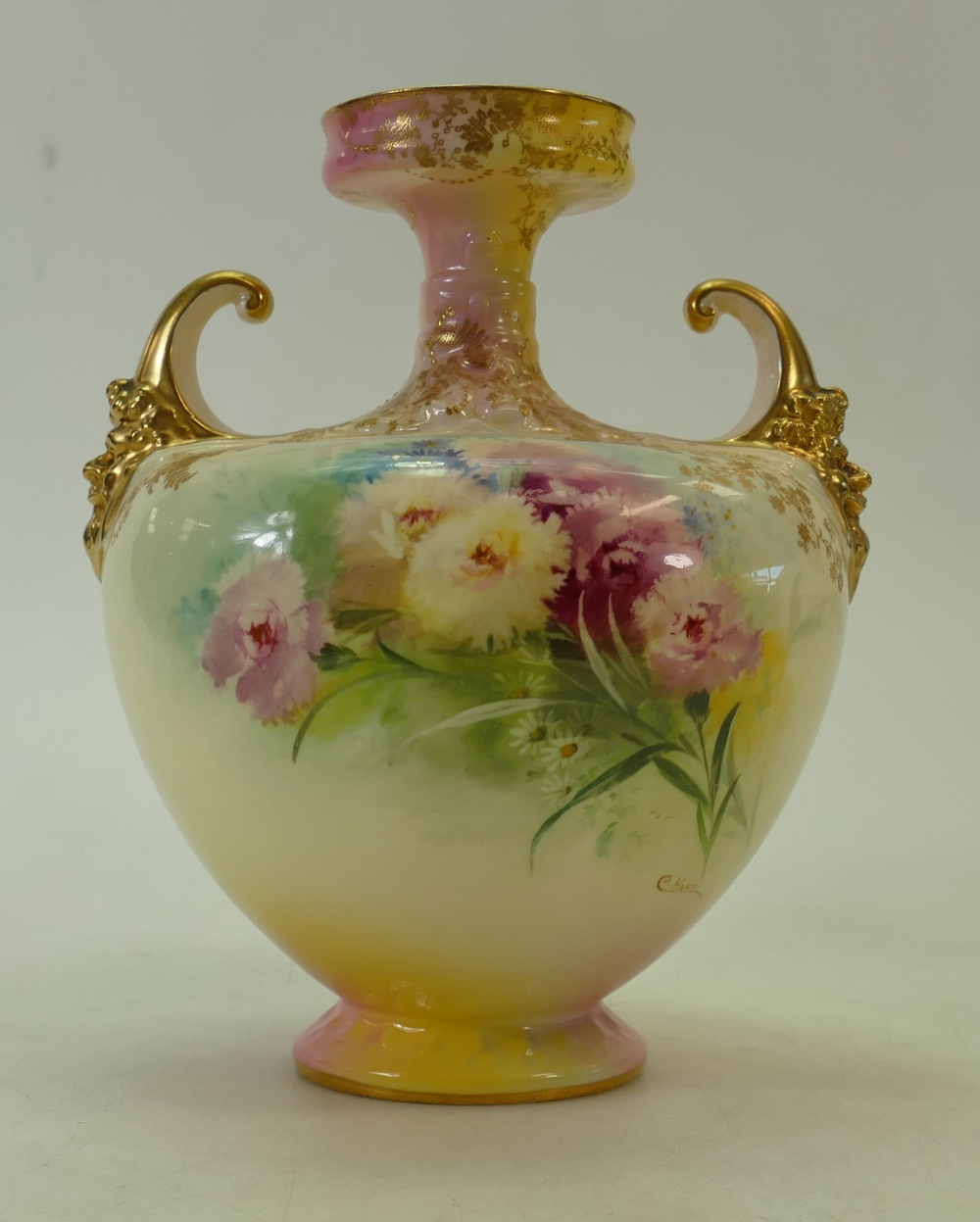 Doulton Burslem Vase: Doulton Burslem two handled vase decorated with Roses & Daffodils by C Hart, - Image 5 of 5