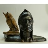 Bust of Dante and a Wise Owl figure: A 19th Century Plaster Bust of Dante together with a similar