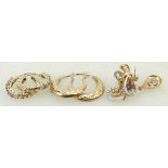 A collection of 9ct gold pairs of Earrings: Some set with semi-precious gem stones, 9.8 grams.