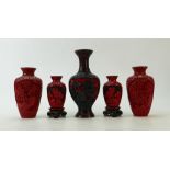 Chinese carved Cinnabar vases: A collection of Chinese caved Cinnabar vases, tallest 20cm.